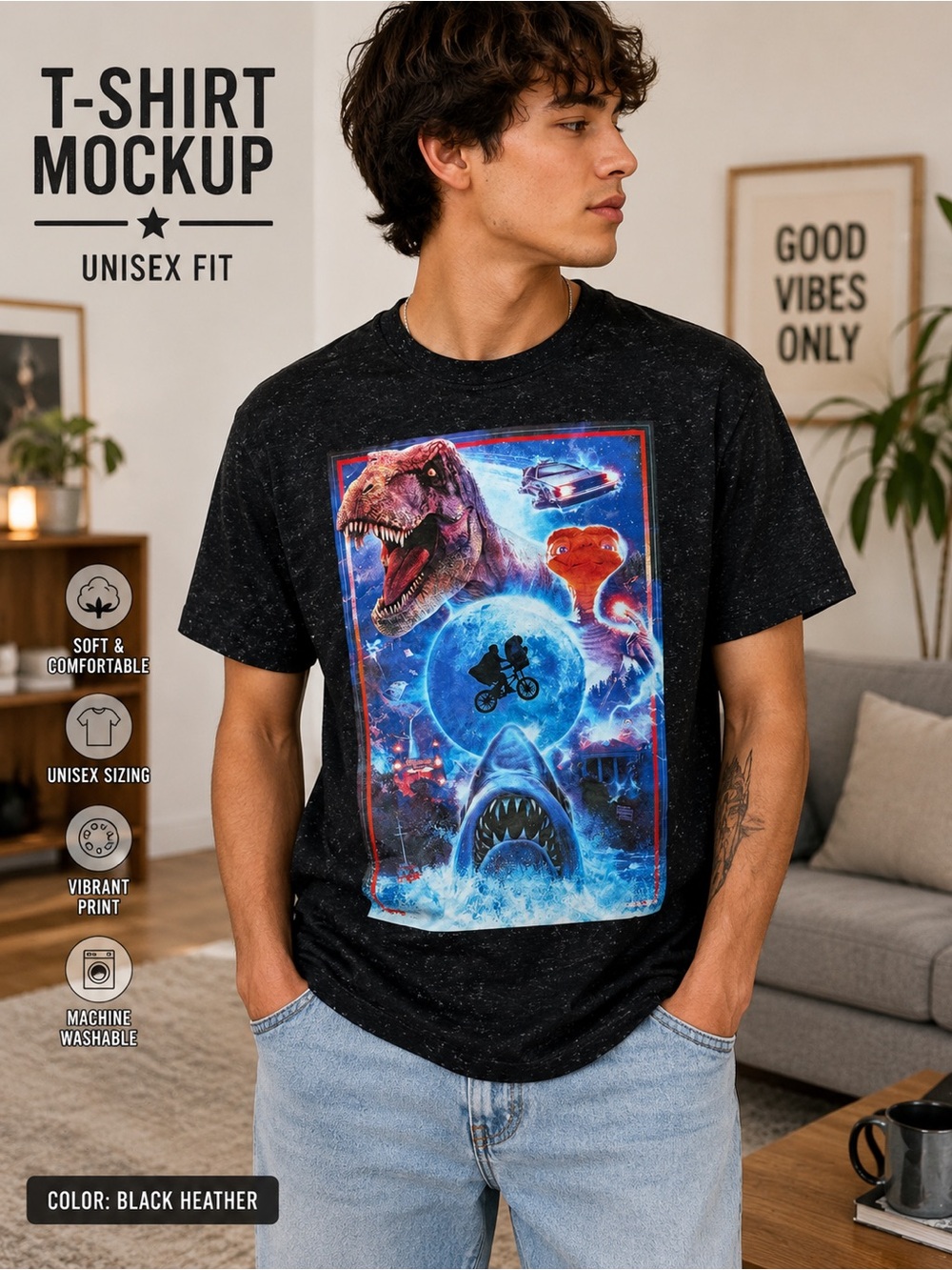 Boys Black Graphic Dino & Shark Adventure Tee